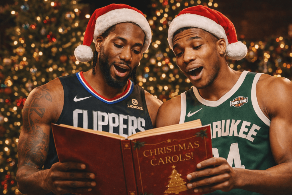 Two NBA players wearing Santa hats—one in a Los Angeles Clippers jersey and the other in a Milwaukee Bucks jersey—stand together reading a book titled ‘Christmas Carols.’ They appear to be singing or reacting joyfully, with a warmly lit Christmas tree glowing in the background.