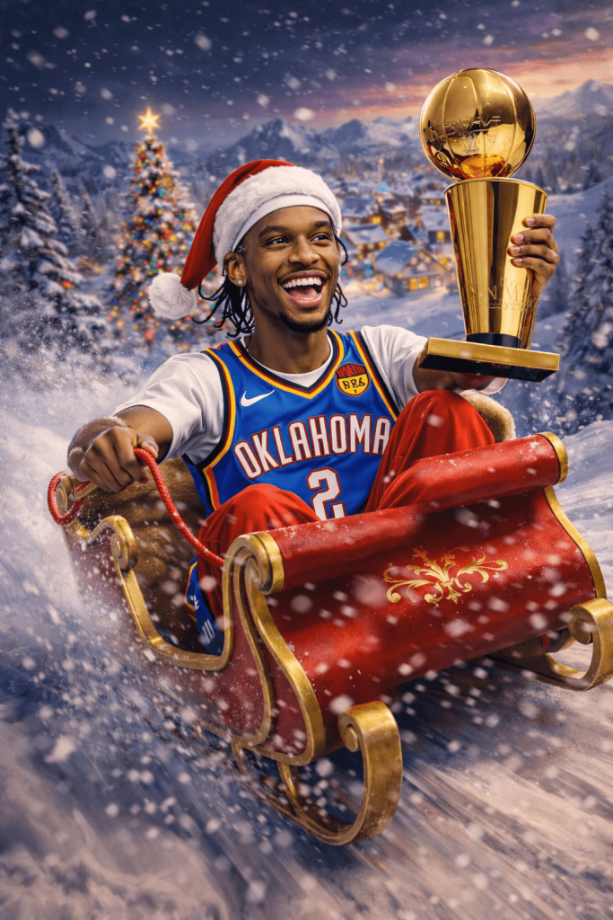 An NBA player with a slim build wearing a Santa hat and an Oklahoma City Thunder jersey rides a red sleigh down a snowy hill, smiling while holding the NBA championship trophy. Snow falls around him as a festive, lit-up village and Christmas tree glow in the background.