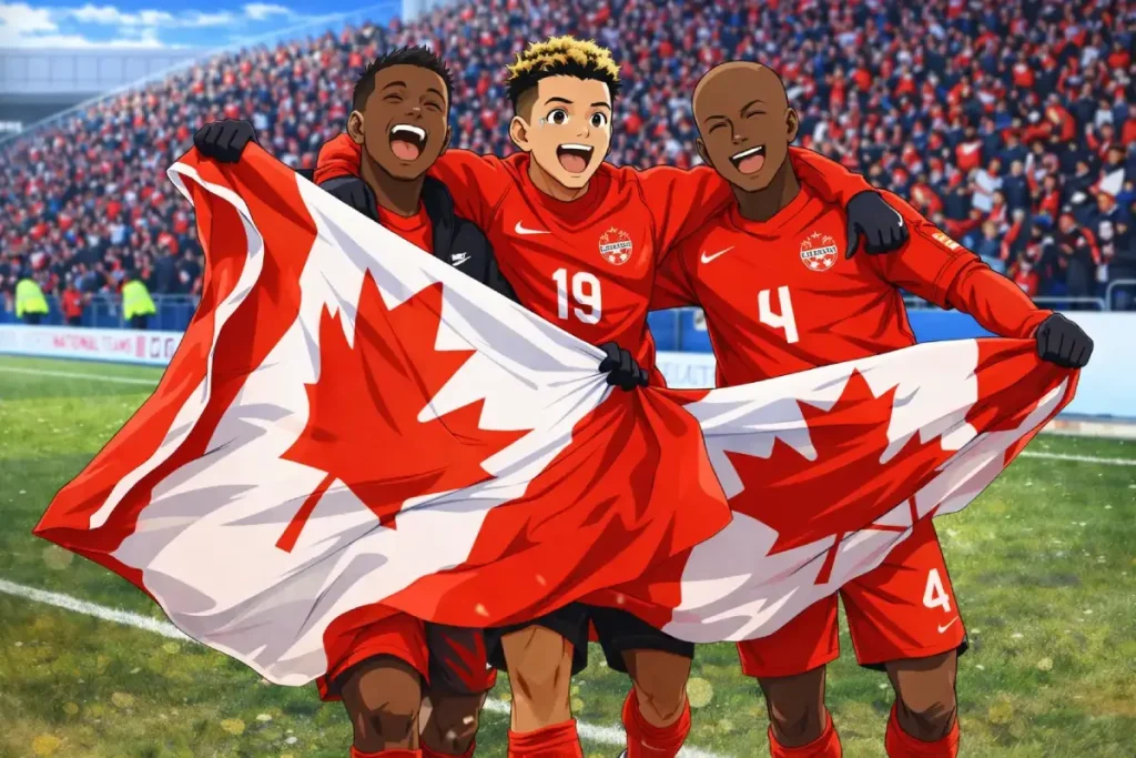 Captain Tsubasa-style anime illustration of three Canadian soccer players celebrating and holding a Canadian flag in a packed stadium.