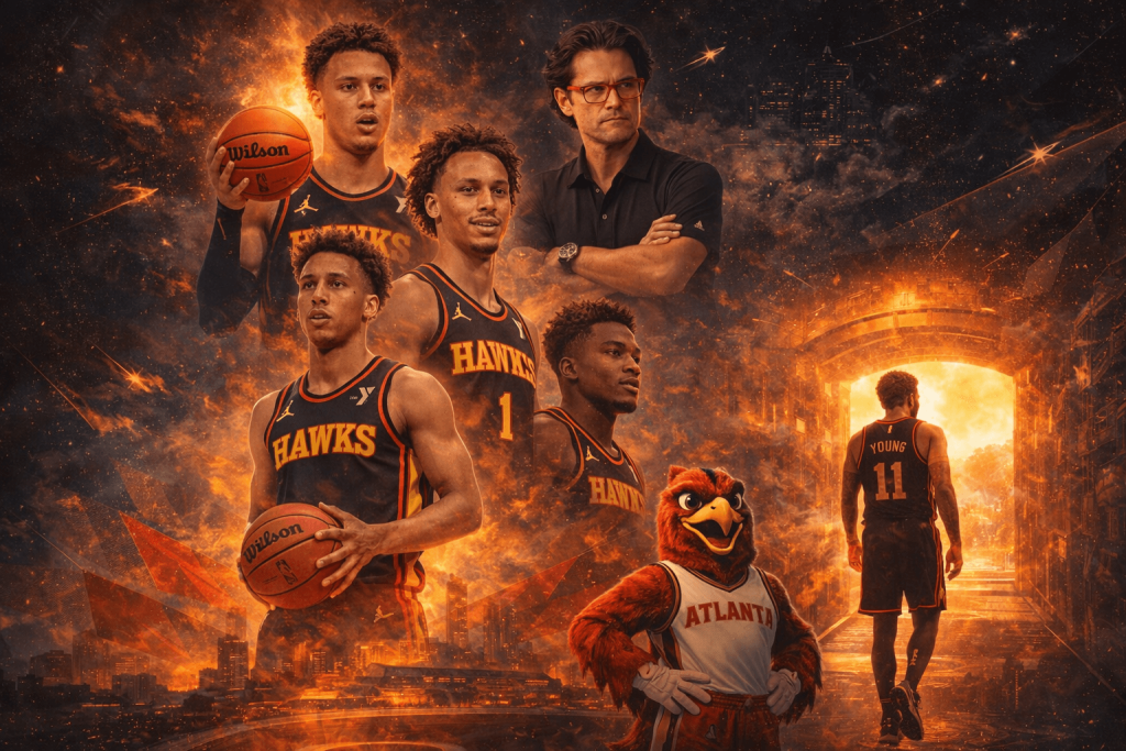 A cinematic, orange-toned sports montage featuring several basketball players in "Hawks" jerseys and a coach with glasses. In the foreground, the team mascot stands confidently, while the background shows a city skyline and a player walking through a glowing golden archway. The entire scene is overlaid with sparks and ember effects.