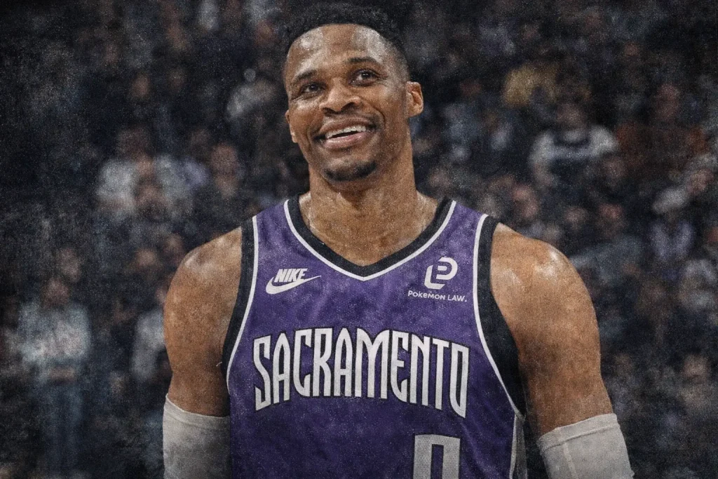 Russell Westbrook smiles in a purple Sacramento Kings jersey, rendered as a semi-realistic digital illustration with gritty distressed textures, worn paper grain, high contrast lighting, and subtle film grain, giving the image a cinematic editorial sports poster look while preserving his original pose and expression.