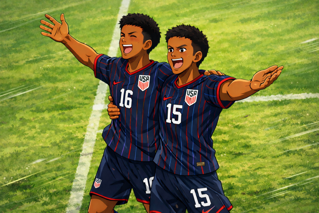 Captain Tsubasa–style anime illustration of two USA soccer players celebrating on the pitch, wearing dark navy kits with red pinstripes and numbers 16 and 15.