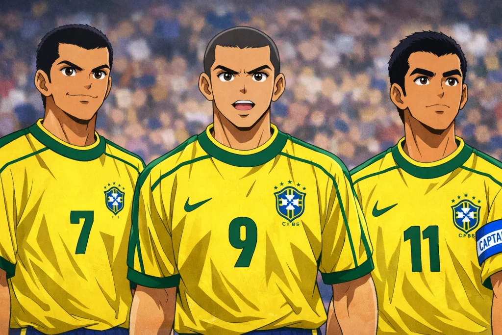 Three Brazilian football players are illustrated in a Captain Tsubasa–inspired anime style, standing side by side in classic yellow and green Brazil kits with numbers 7, 9, and 11, shown with sharp expressions, bold outlines, and a blurred stadium background that emphasizes a dramatic, heroic football atmosphere.
