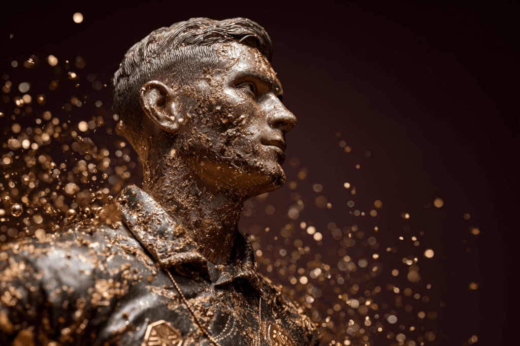 A dramatic, artistic portrait of a male figure sculpted in bronze-like texture, with golden particles swirling around his face and shoulders. The figure looks upward with a determined expression against a dark, cinematic background.