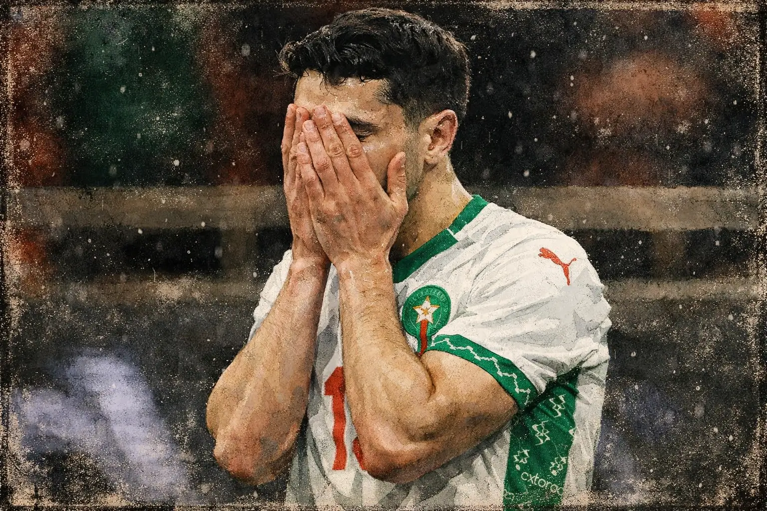 Semi-realistic gritty sports poster of a Moroccan footballer in a white and green national team kit covering his face with both hands in frustration, standing in the rain inside a stadium. The image features high contrast, slightly desaturated colors, worn paper and concrete textures, sharp painterly details, and film grain for a cinematic editorial matchday look.