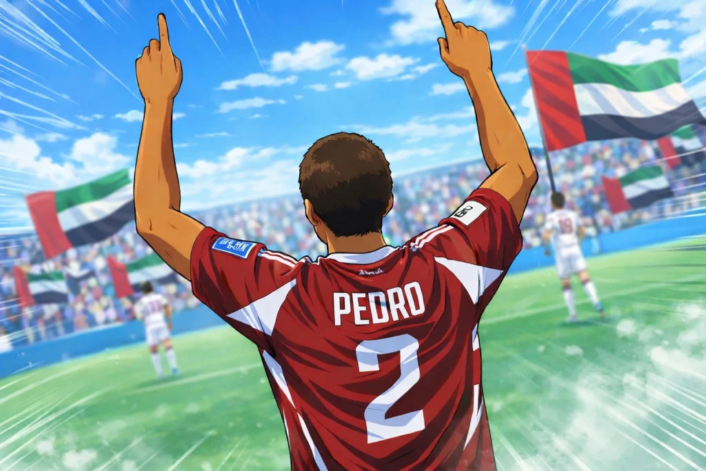 Captain Tsubasa–style illustration of Pedro celebrating with UAE flags in the background.