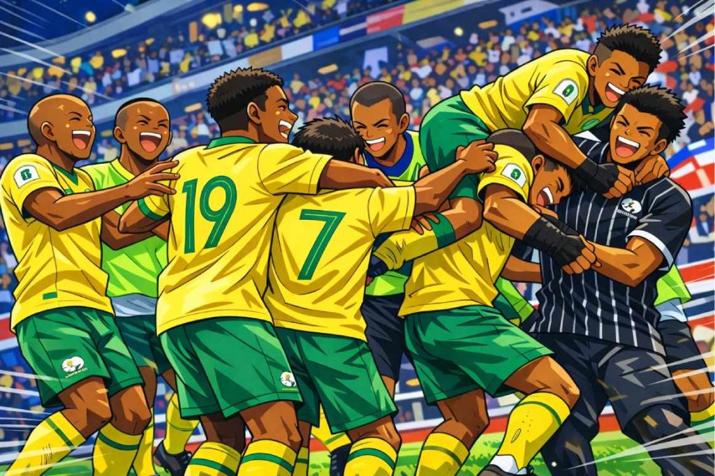 Captain Tsubasa-style anime illustration of South African football players celebrating together on the pitch, hugging and cheering with a lively stadium crowd in the background.