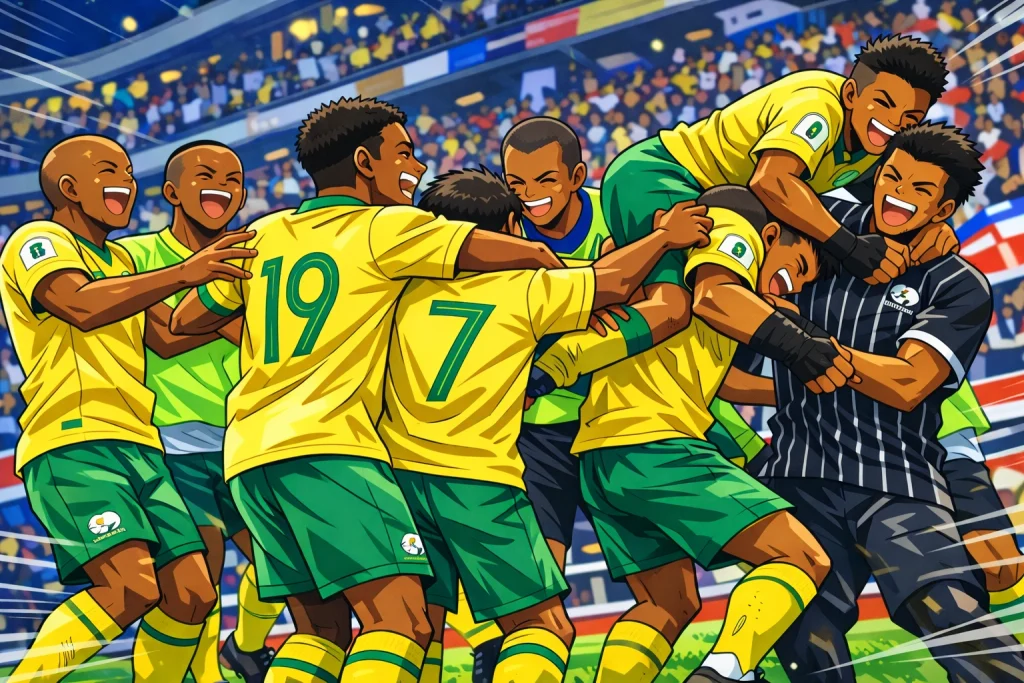 Captain Tsubasa-style anime illustration of South African football players celebrating together on the pitch, hugging and cheering with a lively stadium crowd in the background.