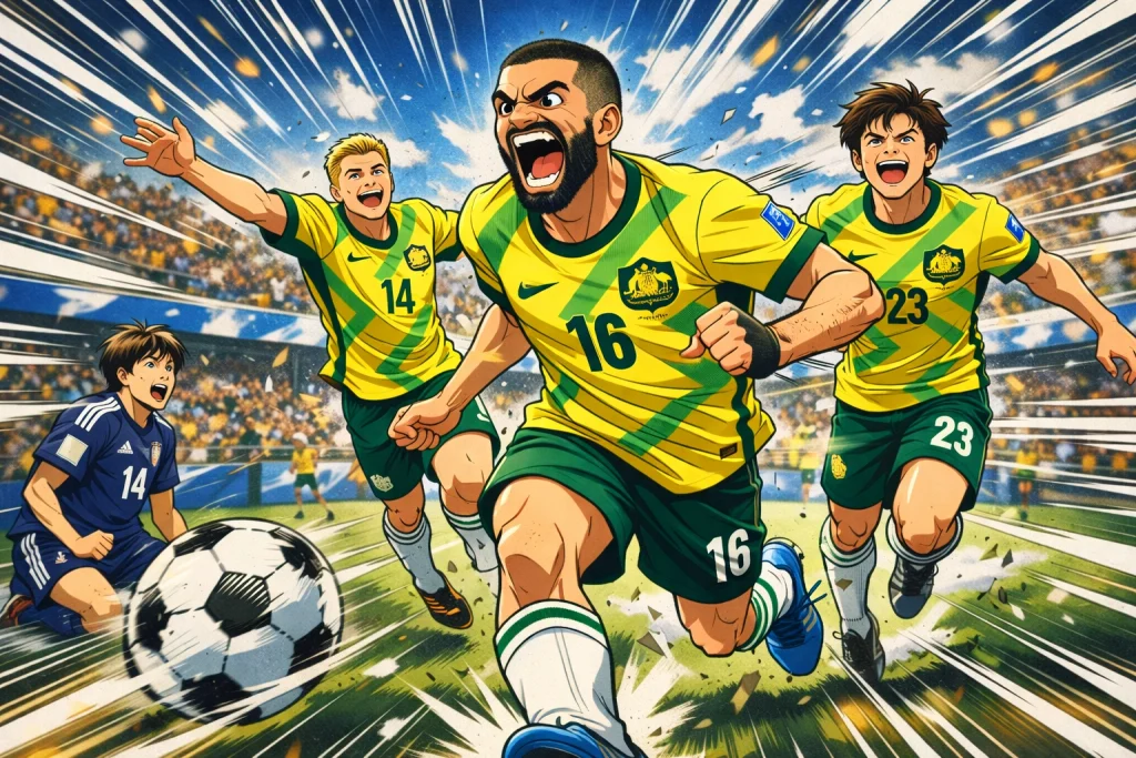 Classic soccer anime–style illustration of three Australian players sprinting forward in celebration with exaggerated expressions and elongated poses, led by a shouting player wearing number 16, as dramatic speed lines burst across the scene; a Japanese player kneels near the ball in disbelief while a packed stadium blurs behind them, emphasizing explosive motion and intensity.