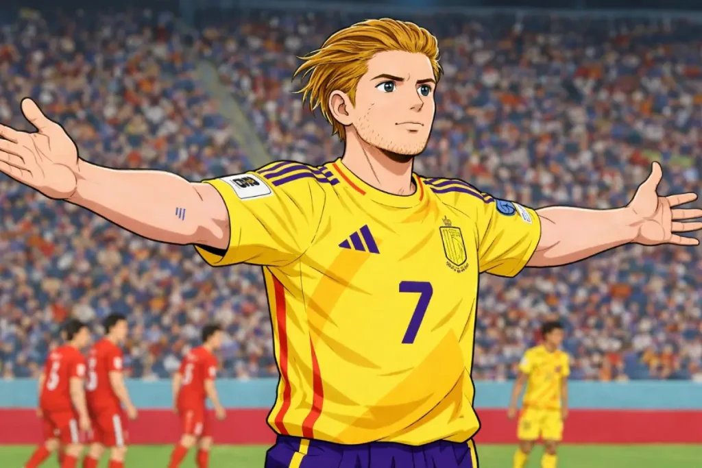 Belgium World Cup 2026 Captain Tsubasa anime style player number 7 celebrating in yellow kit