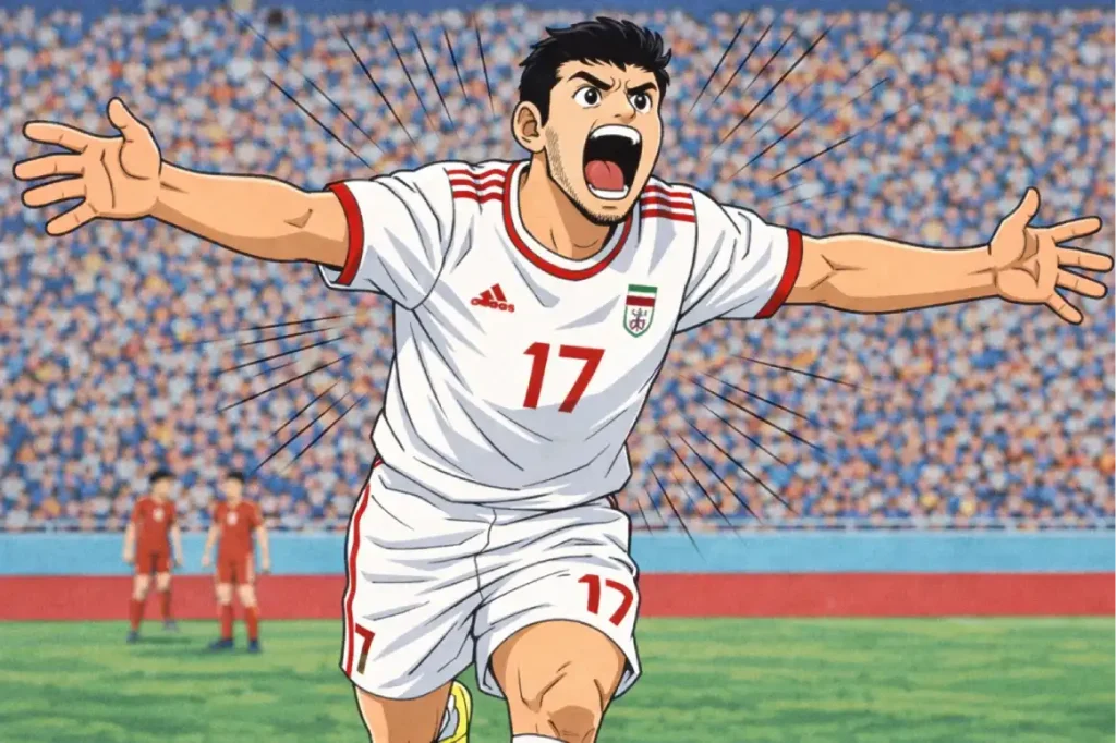 Tsubasa illustration of an Iranian player celebrating a goal.