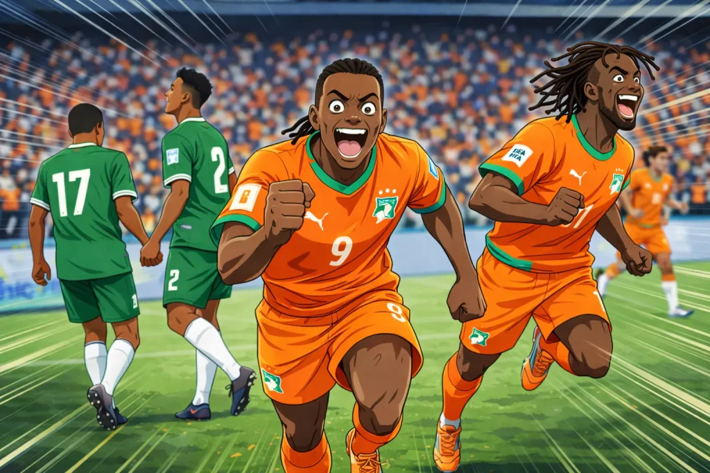 Les Éléphants Unleashed: A high-voltage, anime-style illustration of Ivory Coast players celebrating a goal with 'Captain Tsubasa' energy, while defeated opponents walk away in the background.