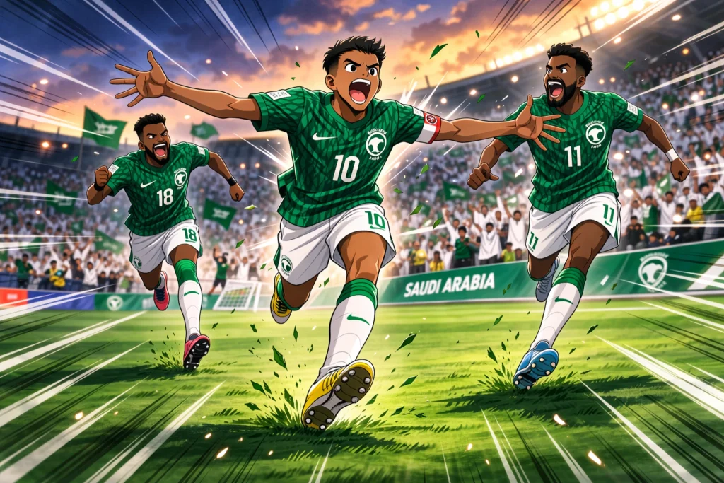 Captain Tsubasa anime-style illustration of Saudi Arabia World Cup 2026 Green Falcons players celebrating a goal in front of cheering fans