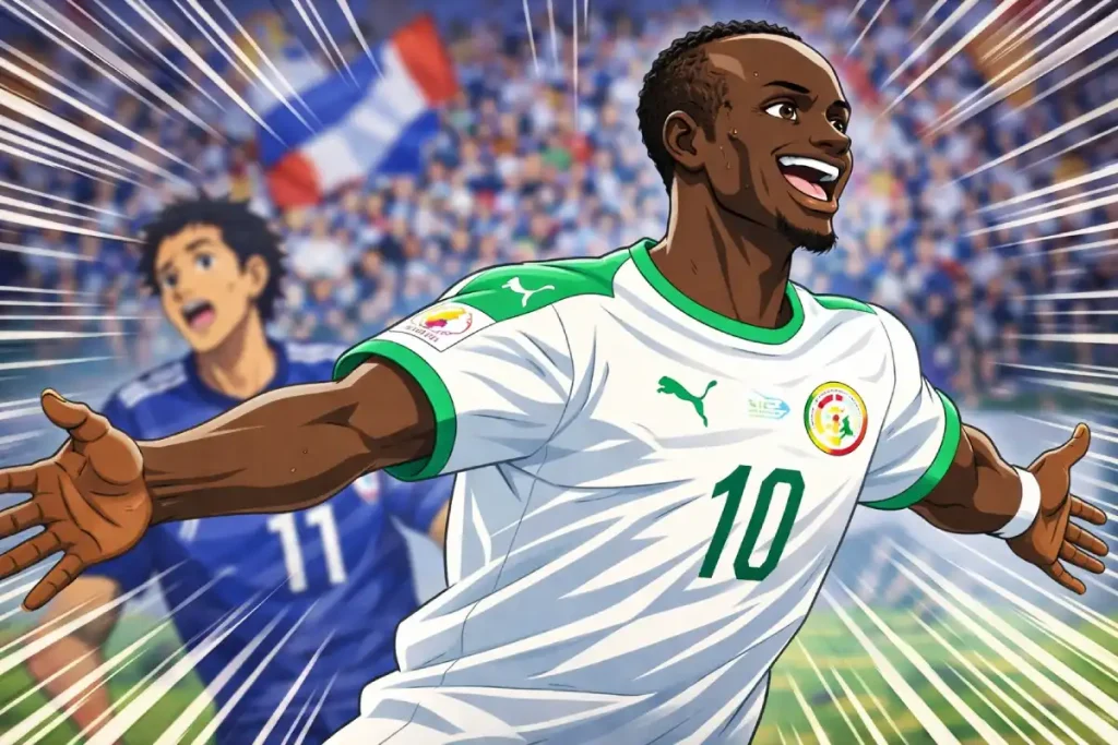 An anime-style illustration of a soccer player representing Senegal celebrating on the field. The player, wearing a white jersey with green trim and the number 10, has his arms outstretched and a joyful expression. In the blurred background, another player in a blue uniform and a stadium full of fans can be seen, with white action lines radiating from the center to emphasize the high energy of the moment.