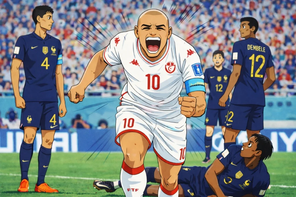 Tunisia World Cup 2026 Captain Tsubasa anime style player celebrating against France
