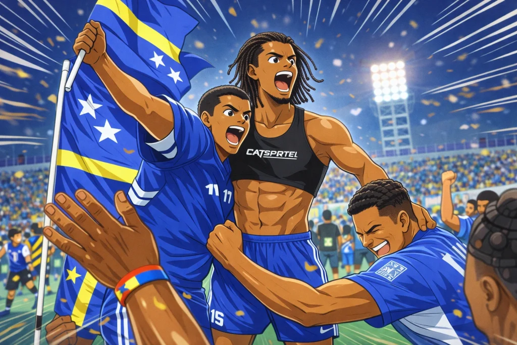 Curaçao national team anime celebration in Tsubasa style – dramatic soccer victory scene with players raising Curaçao flag under stadium lights.