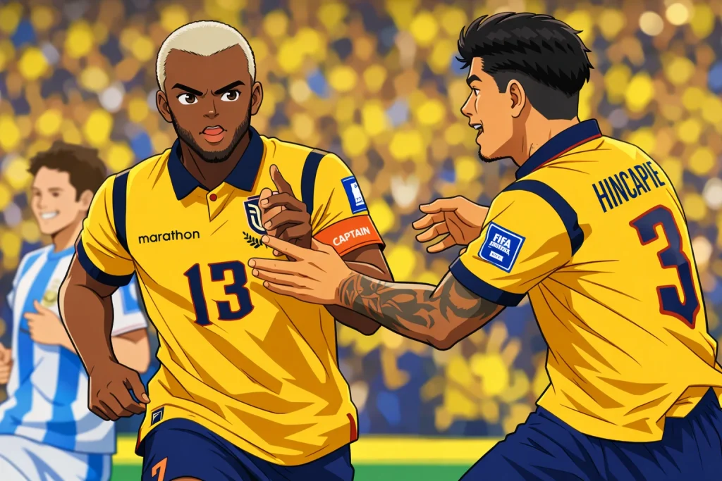 Anime-style illustration inspired by Captain Tsubasa showing two Ecuador national soccer players in yellow jerseys during a match. The player wearing number 13 runs forward with a focused expression and raised finger, while his teammate wearing number 3, labeled ‘Hincapié,’ reaches toward him. A blurred stadium crowd in yellow fills the background, with an opposing player visible behind them.