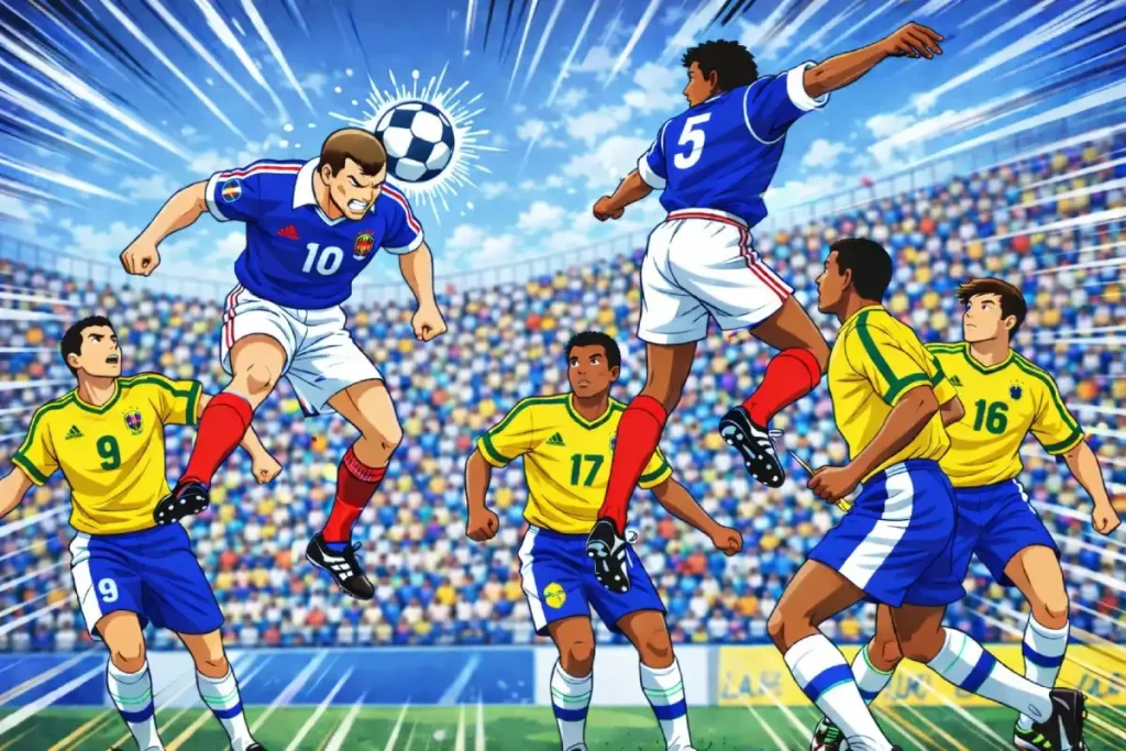 A dynamic, Captain Tsubasa-inspired anime scene featuring the France team in a match against Brazil. A French player wearing the number 10 jersey is shown mid-air performing a powerful header. Another teammate in blue (number 5) leaps nearby, while several Brazilian players in yellow jerseys watch the play unfold in a packed stadium.