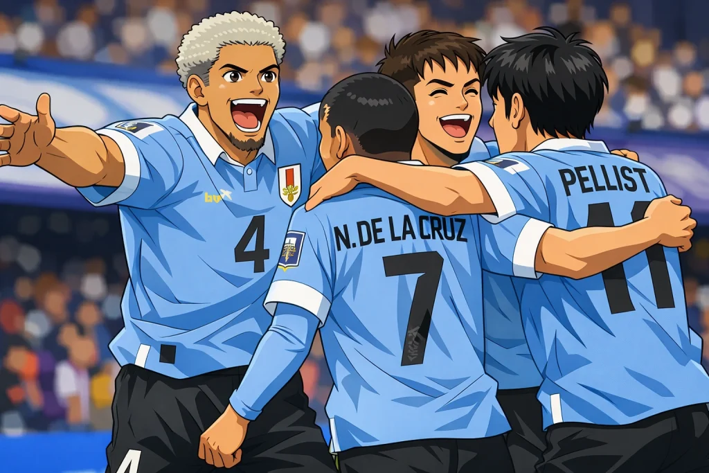 Uruguay players celebrate together in a dynamic Captain Tsubasa–style anime scene during a World Cup qualifying match, huddled in light blue jerseys with a roaring stadium behind them.
