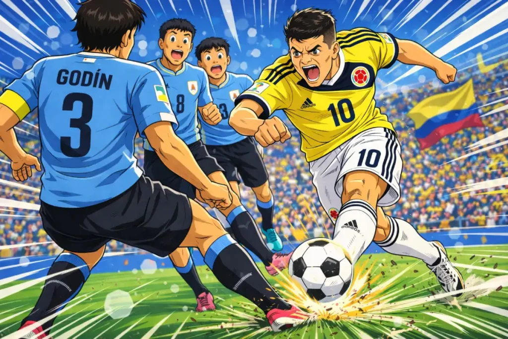 James Rodríguez depicted in anime style wearing the Colombia national team jersey while dribbling past defenders.