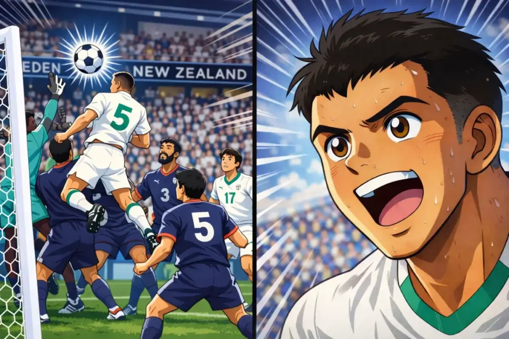 Split-screen anime illustration in classic 1980s soccer style. Left panel shows a dramatic goalmouth header with a white-shirted player wearing number 5 leaping above defenders as the ball glows near the crossbar. Right panel features a close-up of a determined player’s face, sweating and shouting with intense, wide eyes, dynamic speed lines radiating behind him.