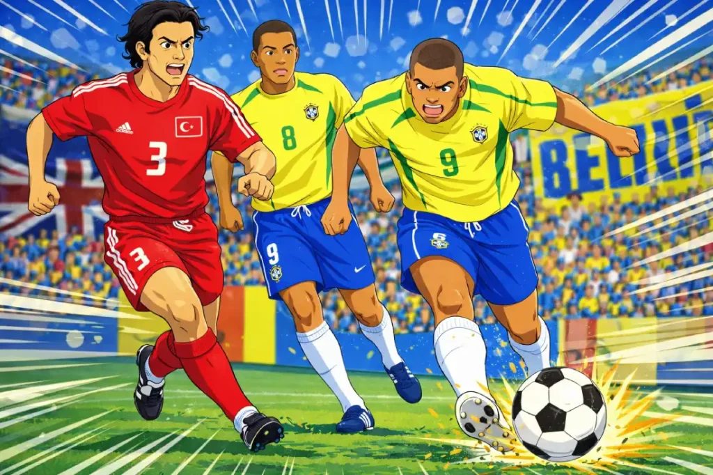 Ronaldo fighting for a ball against a Turkish defender in the 2002 World Cup