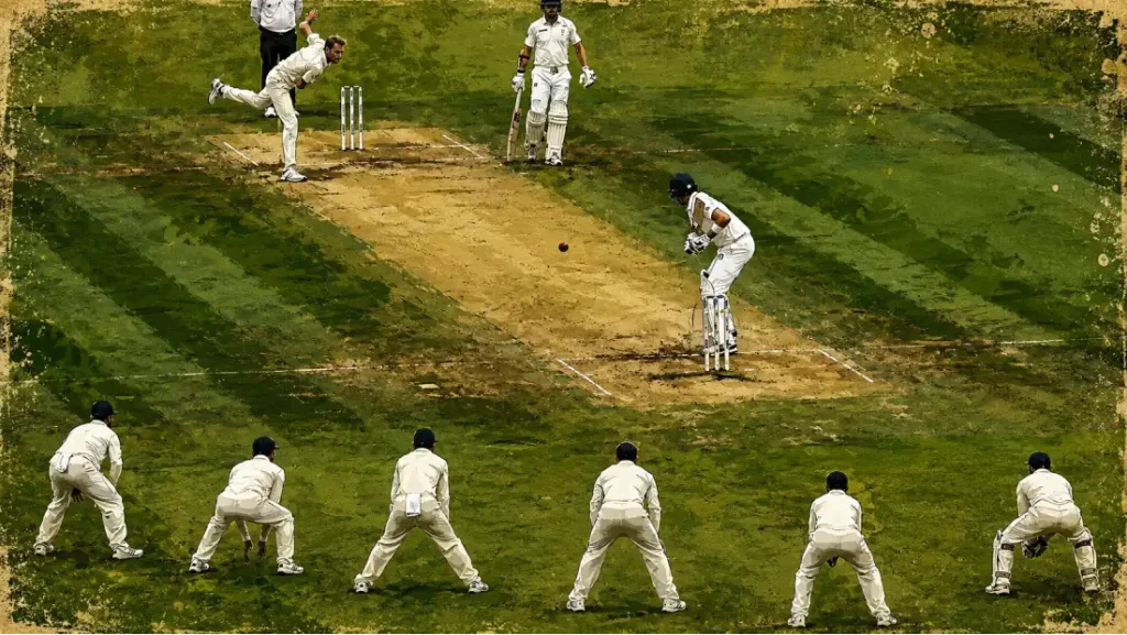 An overhead view of a cricket match showing a bowler delivering to a batsman on the pitch, with a line of slip fielders waiting in the outfield.