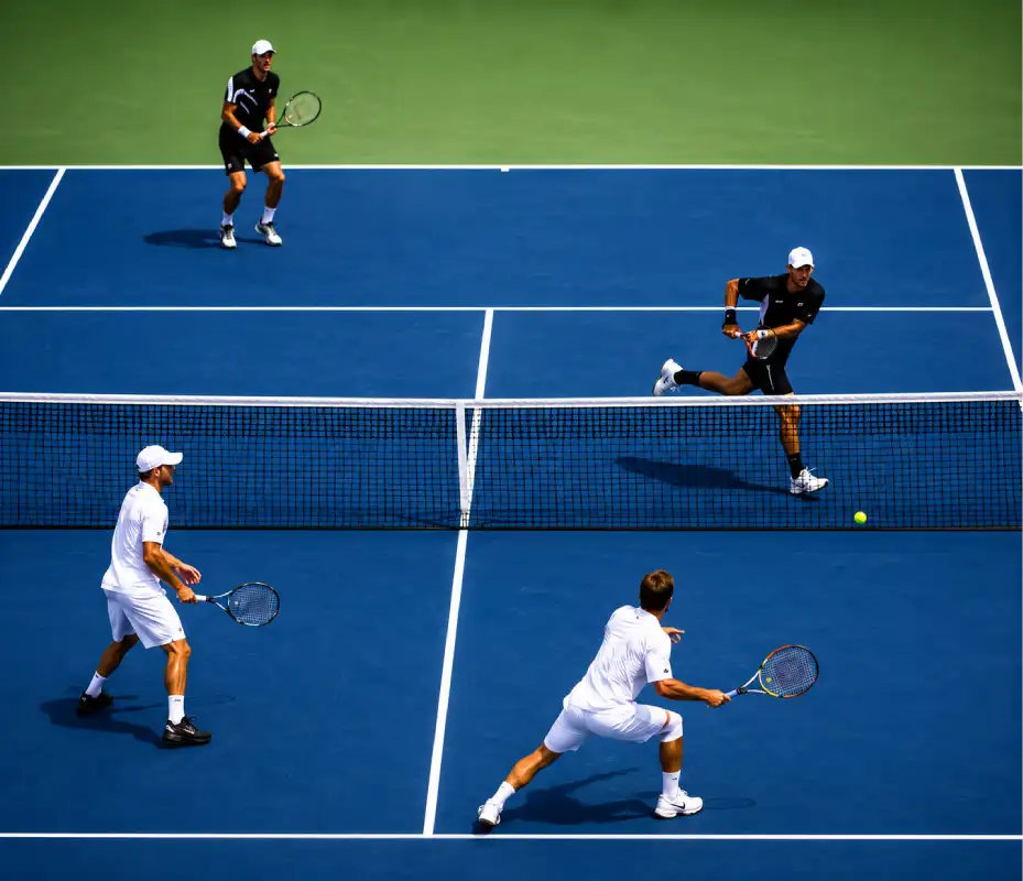 Overhead view of a men's doubles tennis match on a blue hard court, with players in white and black athletic gear positioned near the net and baseline.